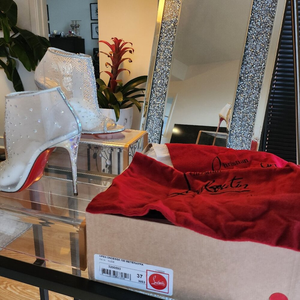 Christian Louboutin Ondessa Open Toe Stiletto Bootie Silver Nude Mesh Diamonds - Picture 3 of 15